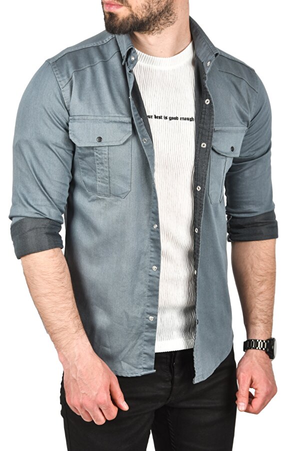 DeepSEA Erkek Füme Slim Fit Kolay Ütülenebilir Pamuklu Spor Gömlek Likralı Kot Gömlek 2502505