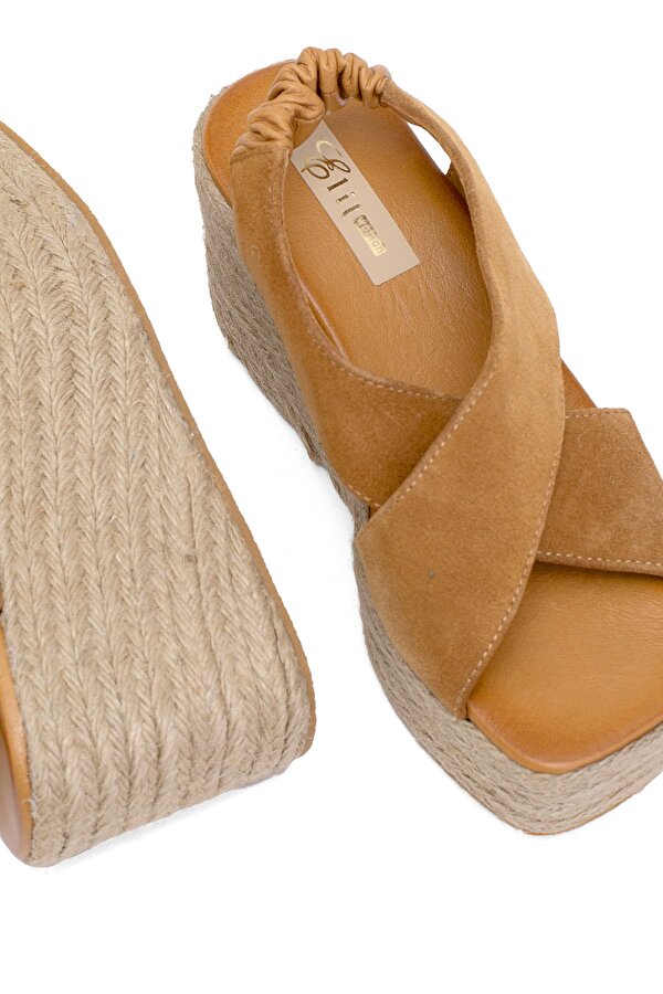 Elit Rosabelle Kadın Hakiki Süet Deri Dolgu Topuk Sandalet Taba