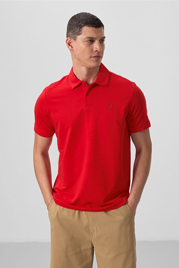 Kırmızı Basic Göğüs Logolu Standart Kalıp Triko Polo Yaka Erkek T-Shirt - 87768