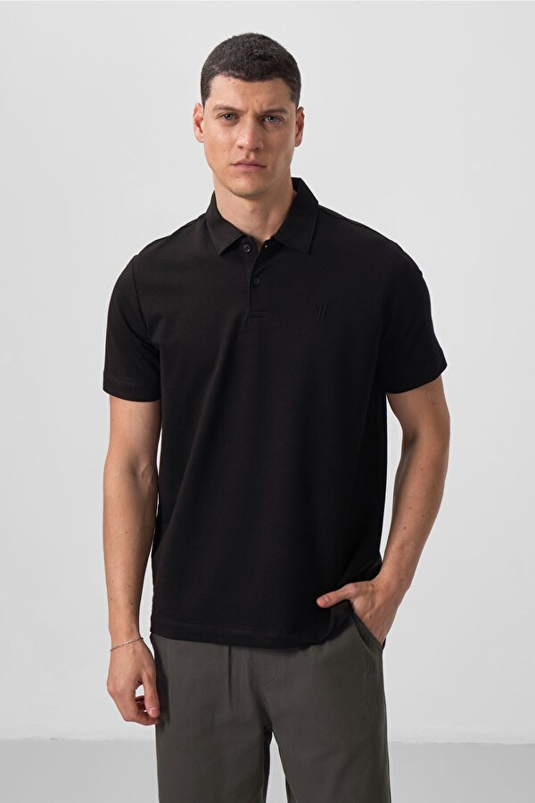 Siyah Basic Göğüs Logolu Standart Kalıp Triko Polo Yaka Erkek T-Shirt - 87768