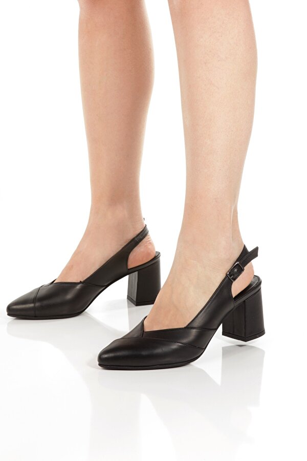 City Siyah Hakiki Deri Stiletto Arkası Açık Kalın Topuklu Ayakkabı
