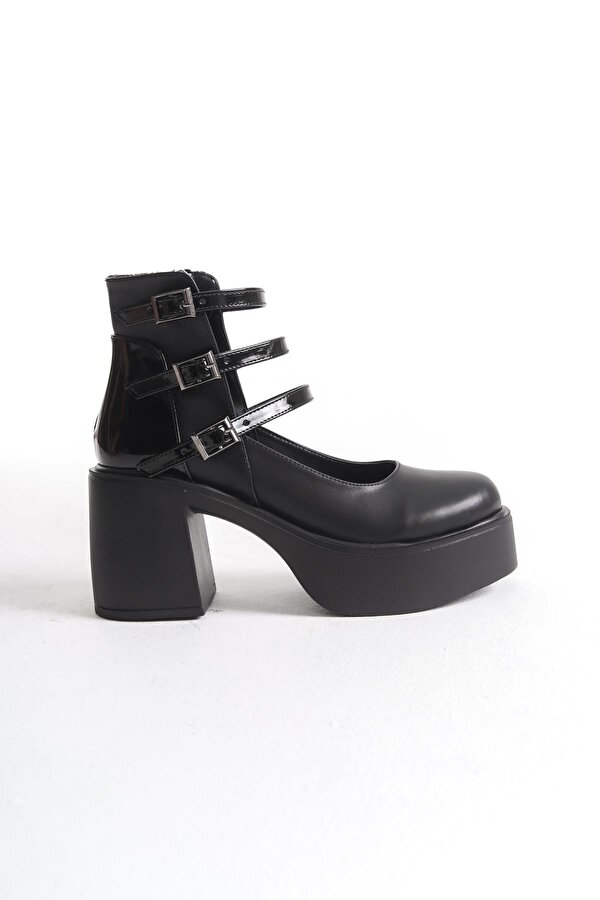 Bia Siyah Üç Bantlı Yüksek Kalın Platform Topuklu Hafif Günlük Ayakkabı