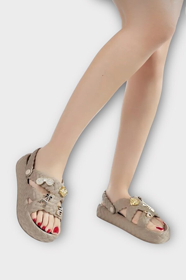 Kadın Hafif Kaymaz Taban Taşlı Havuz Plaj Deniz Terliği Sandalet VİZON