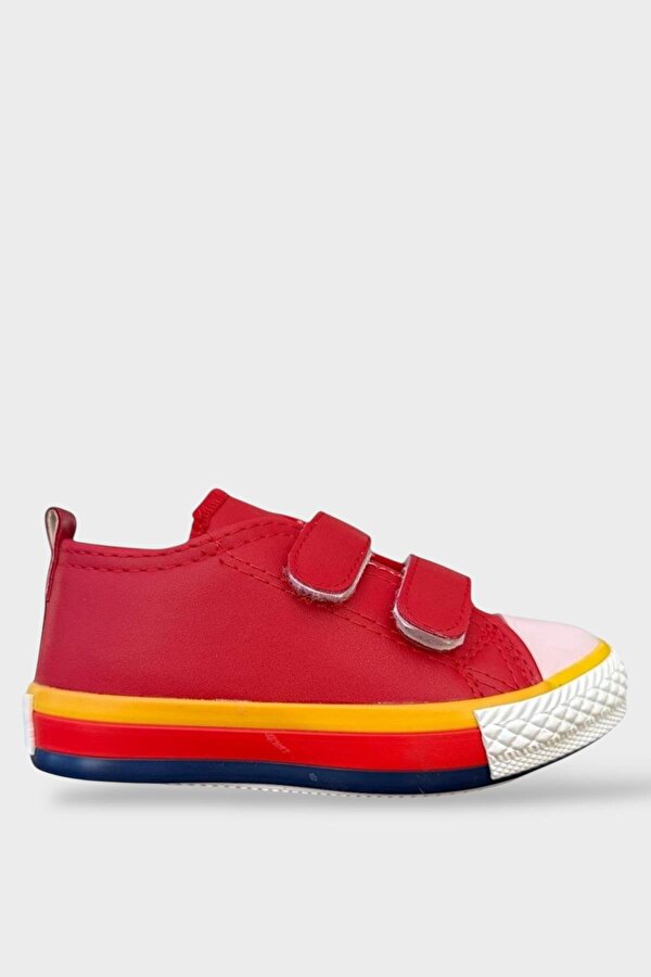 Unisex Çocuk Keten Kısa Convers Modeli Cırtlı Sneaker Spor Ayakkabı (26-30) KIRMIZI - BEYAZ