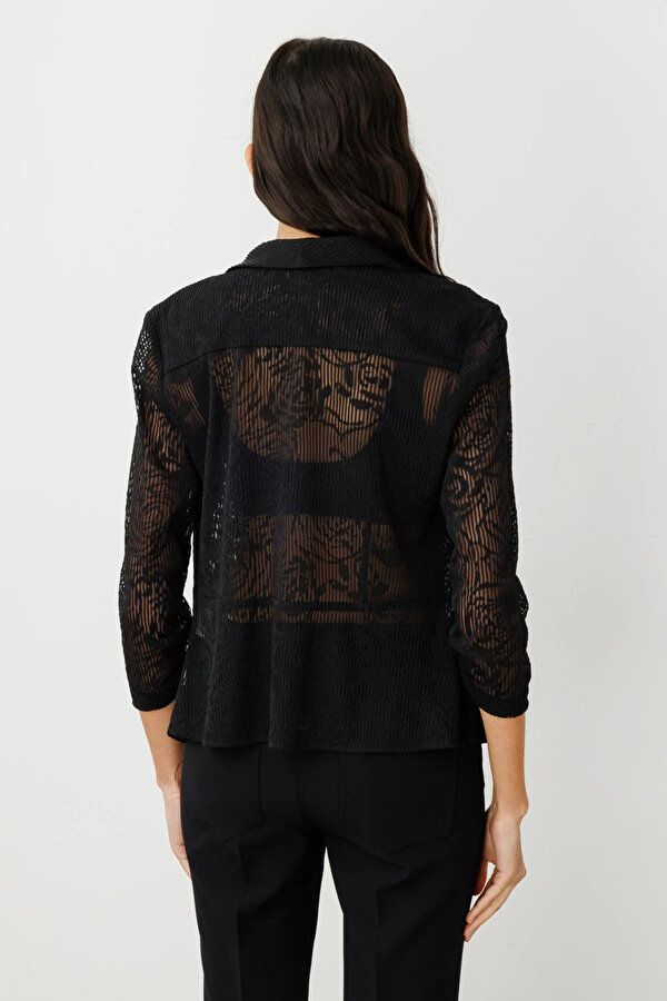 Kadın Kendinden Desenli Transparan Ceket 4182 Siyah