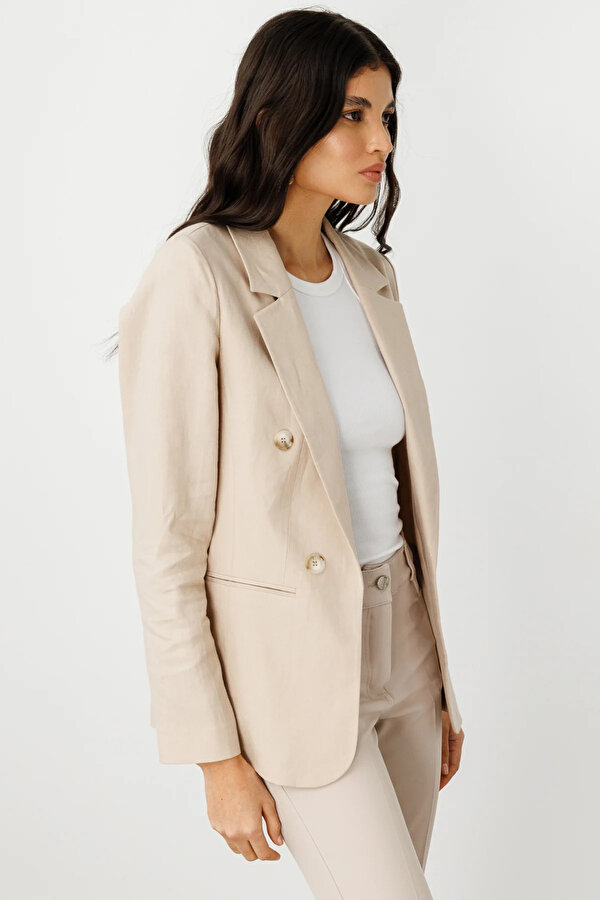 Kadın Fleto Cepli Keten Ceket 4016 Kum