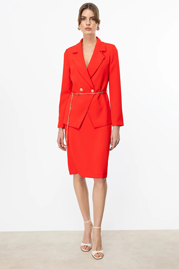 Kadın Beli Zincir Kemerli Kruvaze Ceket 4214 Mercan