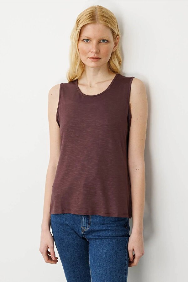 Kadın Sıfır Yaka Flamlı Kumaş Basic Askılı T-Shirt 24086 Kahverengi