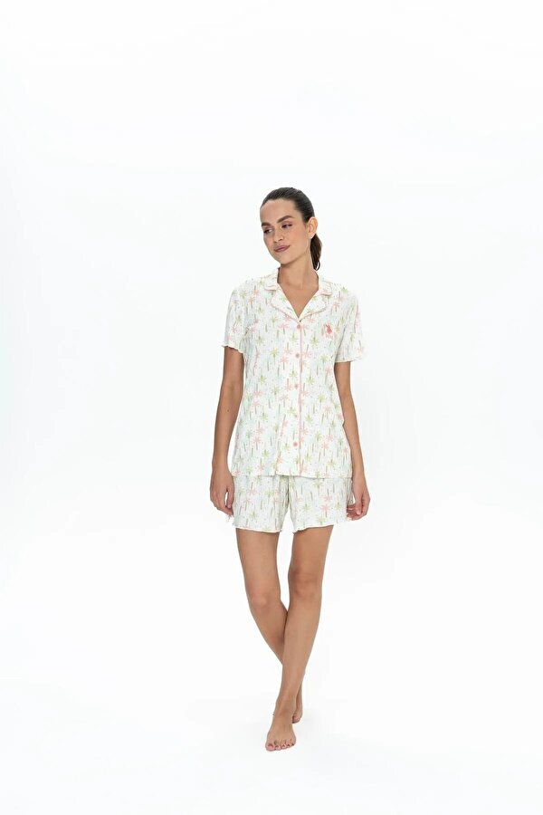 Kadın Kısa Kollu Düğmeli Pijama Şort Takım