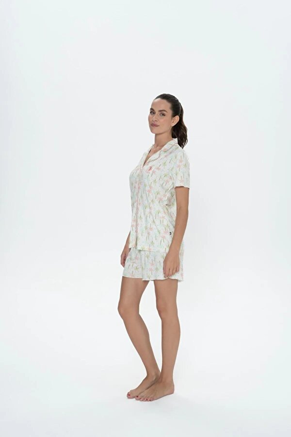 Kadın Kısa Kollu Düğmeli Pijama Şort Takım
