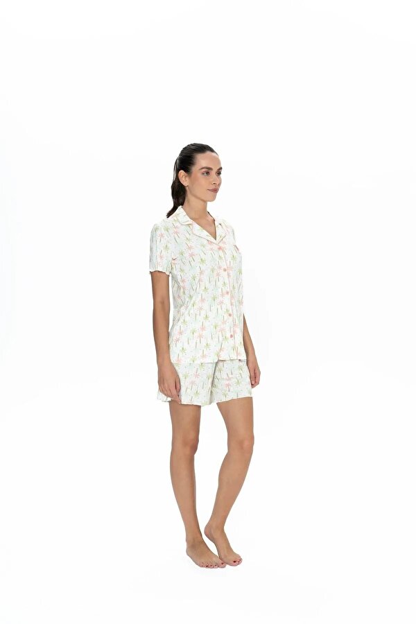 Kadın Kısa Kollu Düğmeli Pijama Şort Takım
