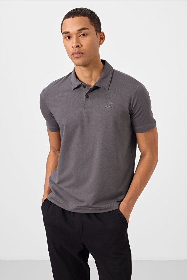 Koyu Gri Basic Logolu Standart Kalıp Triko Polo Yaka Erkek T-Shirt - 87748