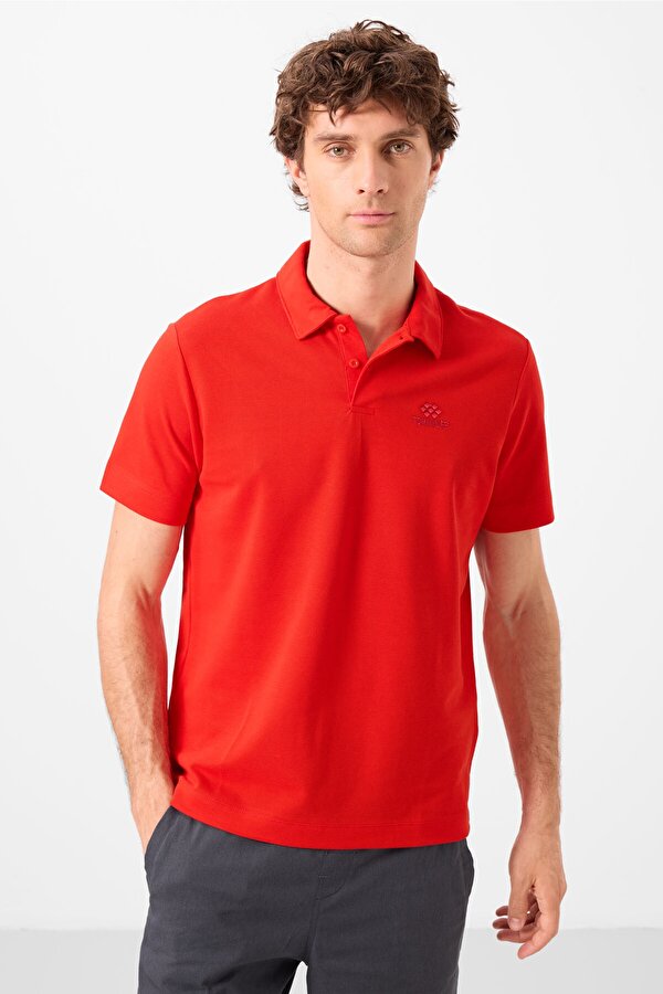 Kırmızı Basic Logolu Standart Kalıp Triko Polo Yaka Erkek T-Shirt - 87748