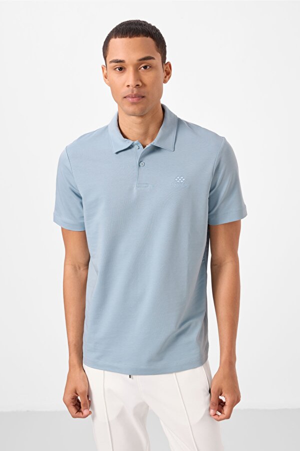 Buz Mavi Basic Logolu Standart Kalıp Triko Polo Yaka Erkek T-Shirt - 87748