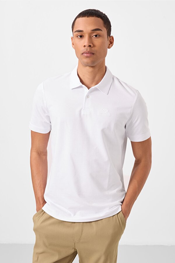 Beyaz Basic Logolu Standart Kalıp Triko Polo Yaka Erkek T-Shirt - 87748