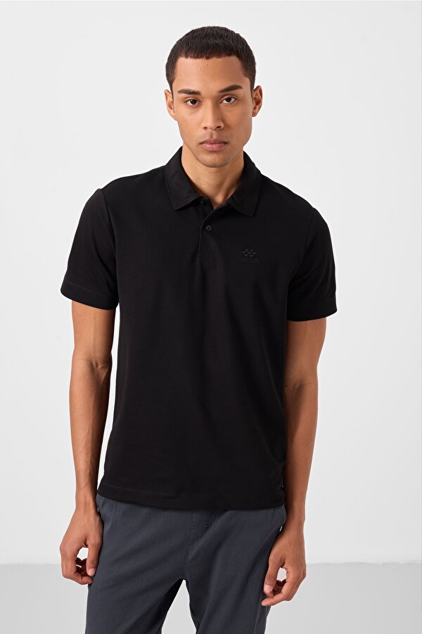 Siyah Basic Logolu Standart Kalıp Triko Polo Yaka Erkek T-Shirt - 87748