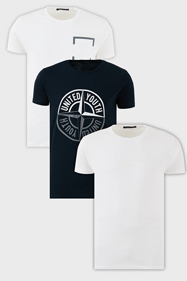 Erkek T Shirt 541S31 Lacivert-Beyaz-Beyaz
