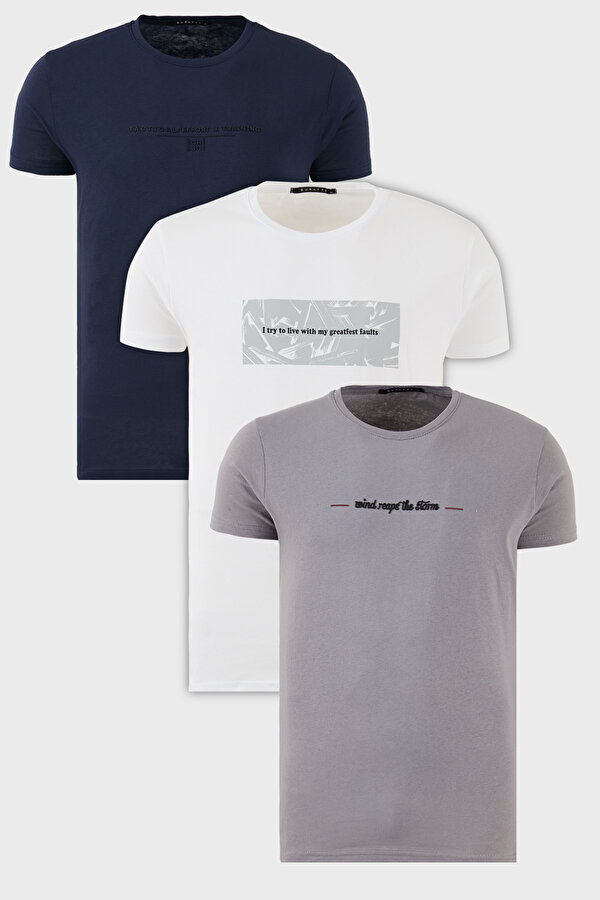 Erkek T Shirt 541S31 Açık Gri-Beyaz-Lacivert