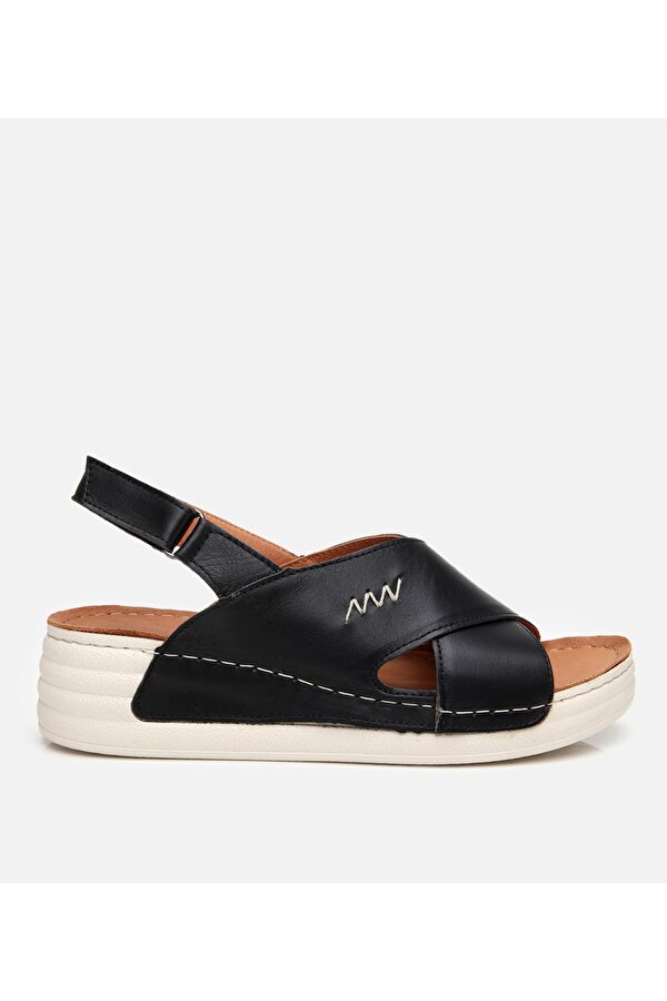 Kadın Deri Siyah Ayarlanabilir Comfort Sandalet