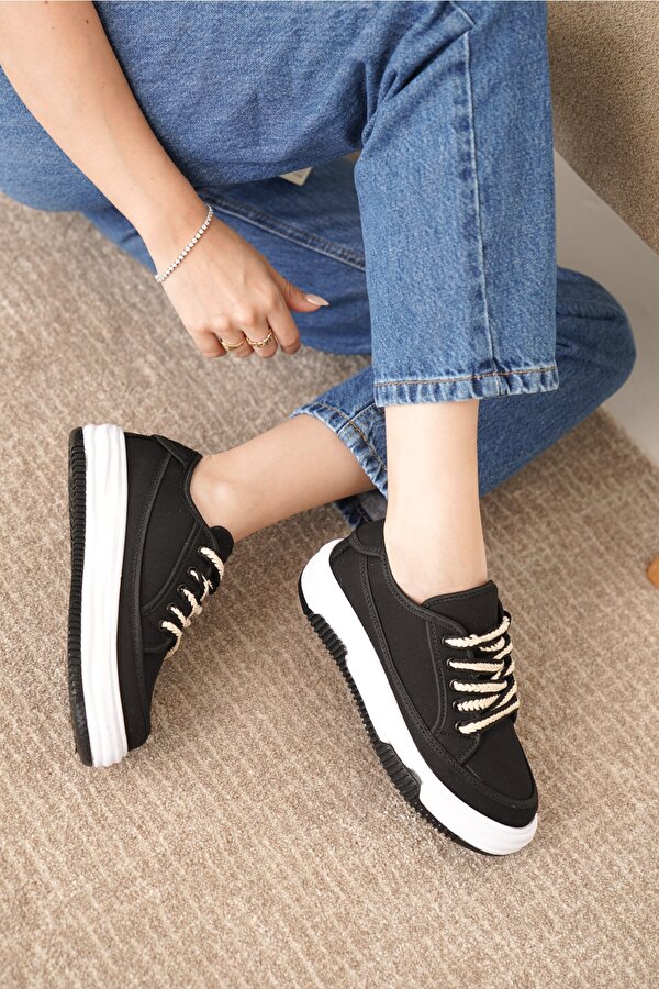 D094 Kadın Sneaker Yüksek Taban Bağcıklı Bez Spor Ayakkabı