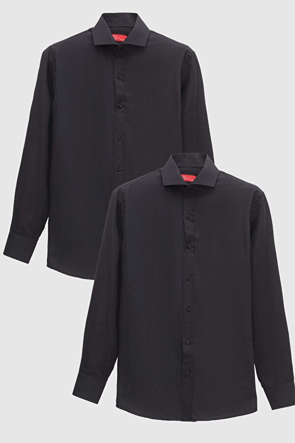 Ds Damat Slim Fit Siyah İtalyan Yaka Kolay Ütülenebilir 2 Li Gömlek