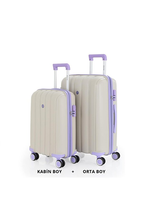 Bavul Orta ve Kabin 2li Set Kırılmaz Silikon Valiz V305 Kemik/Lila