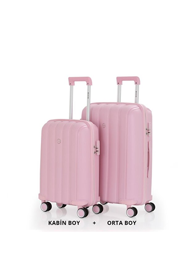 Bavul Orta ve Kabin 2li Set Kırılmaz Silikon Valiz V305 Pudra