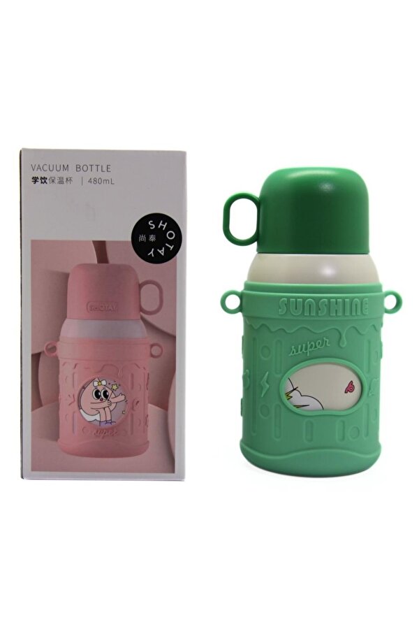 Cartoon Çelik Termos Matara Çocuk 480Ml Yeşil