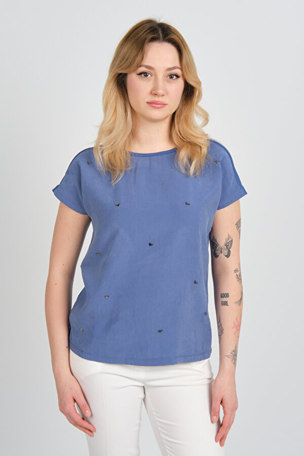 Kadın Aksesuar Detaylı  Bisiklet Yaka Ön Kısım Kumaş Arkası Penye Bluz 24250 Indigo