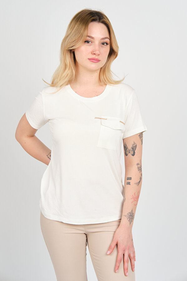 Kadın Kapak Cepli Bisiklet Yaka Kısa Kollu Bluz 4144 Ekru
