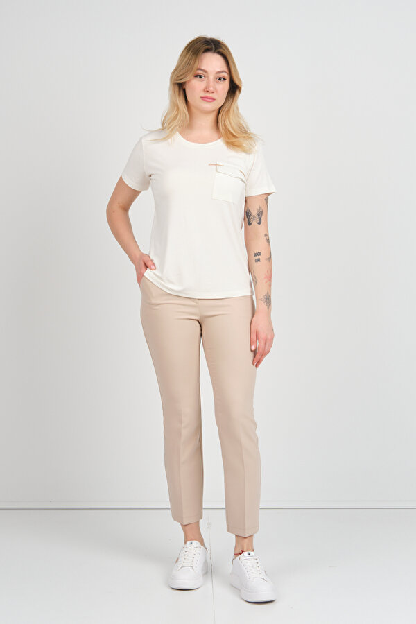 Kadın Kapak Cepli Bisiklet Yaka Kısa Kollu Bluz 4144 Ekru