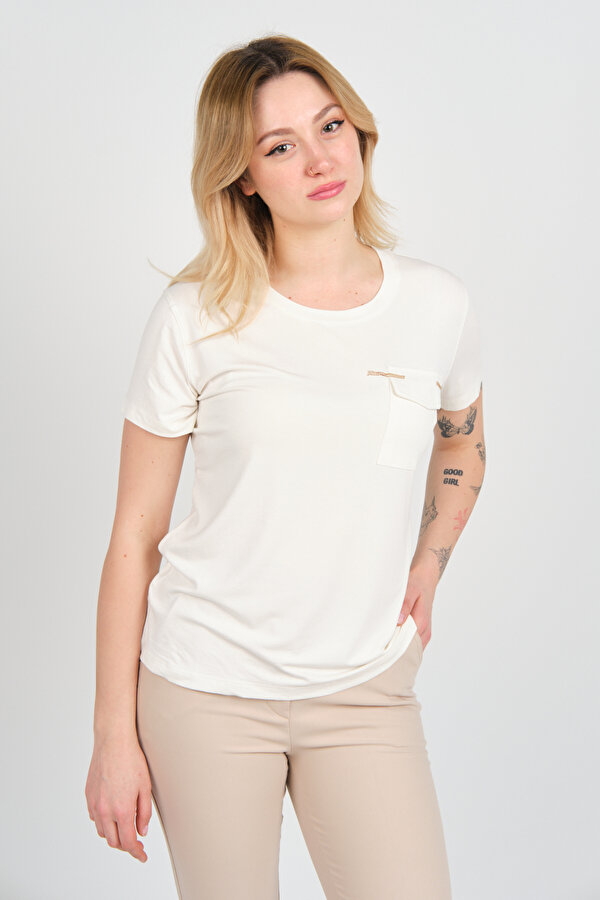 Kadın Kapak Cepli Bisiklet Yaka Kısa Kollu Bluz 4144 Ekru