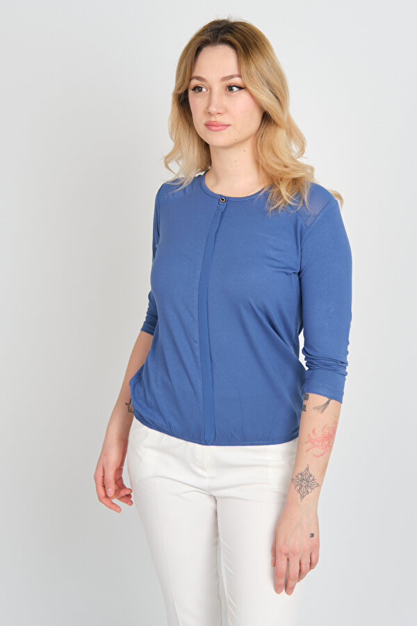 Kadın Omuz ve Kolları Tül Detaylı Beli Lastikli Truvakar Kol Bluz 23321 Indigo