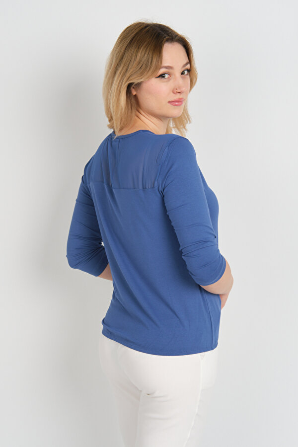 Kadın Omuz ve Kolları Tül Detaylı Beli Lastikli Truvakar Kol Bluz 23321 Indigo