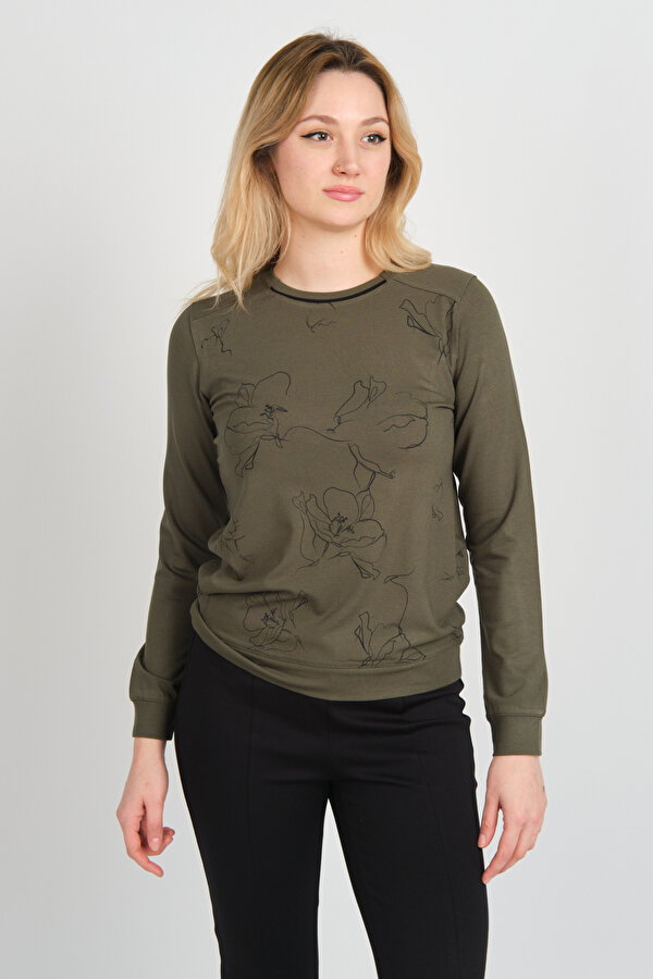 Kadın Desenli Bisiklet Yaka Uzun Kol Bluz 24611 Haki