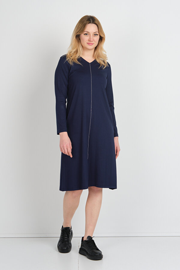 Kadın V Yaka Parlak Şerit Detaylı Uzun Kollu Çift Cepli Elbise 24442 Lacivert