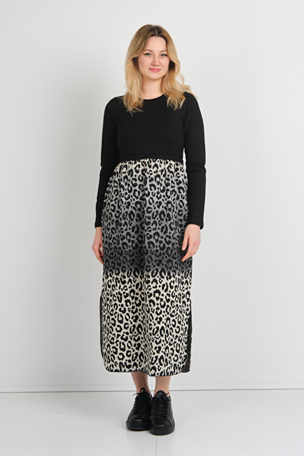 Kadın Leopar Desenli Yanları Yırtmaçlı Bisiklet Yaka Elbise 24922 Gri-Bej