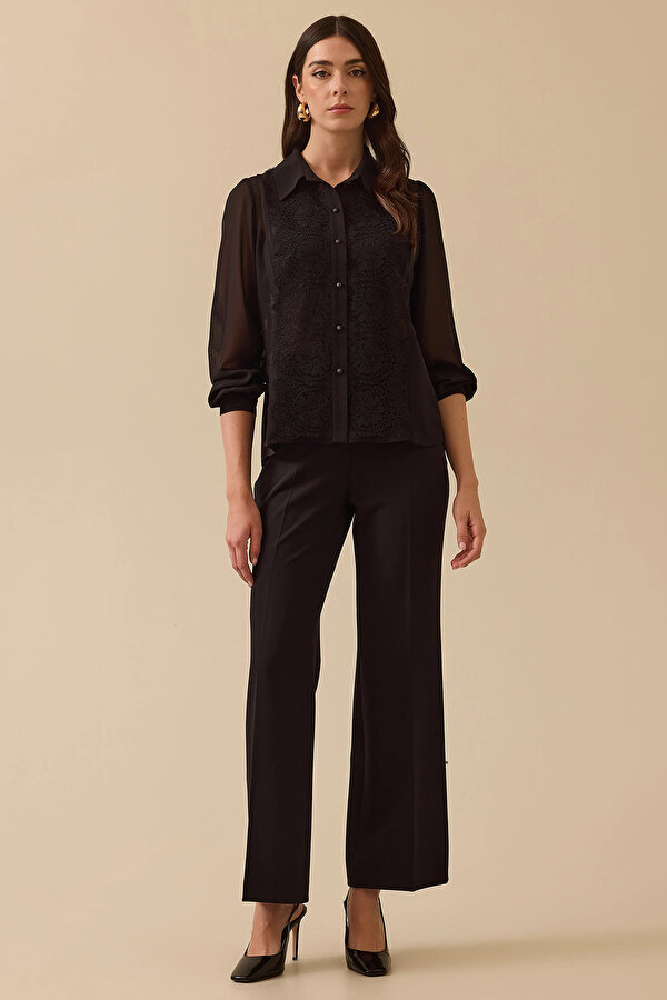 Kadın Dantel Detaylı Düğmeli Şifon Gömlek 0020 Siyah