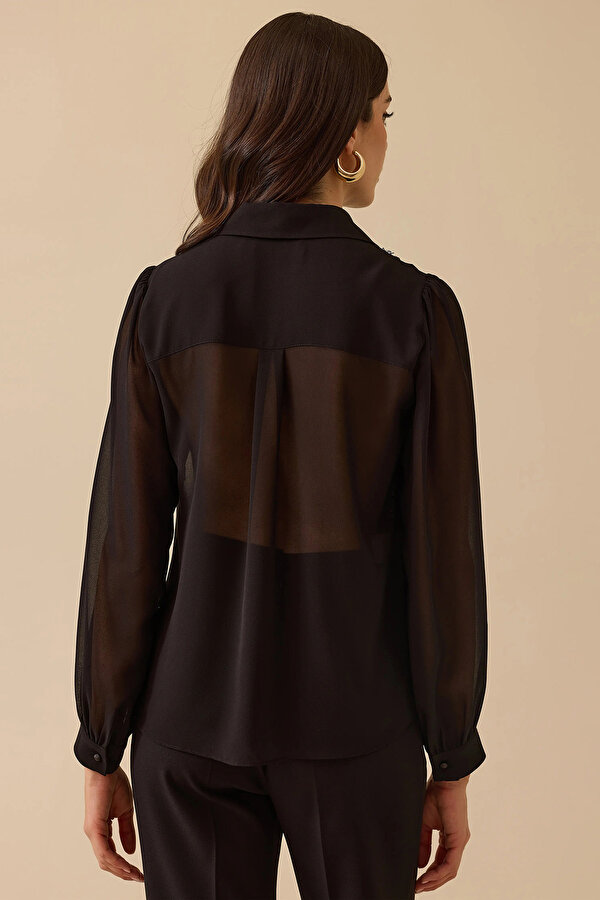 Kadın Dantel Detaylı Düğmeli Şifon Gömlek 0020 Siyah