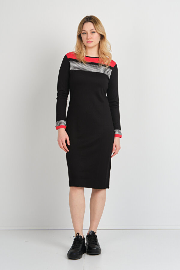 Kadın Kazayağı Desenli Bisiklet Yaka Uzun Kol Elbise 22974 Siyah