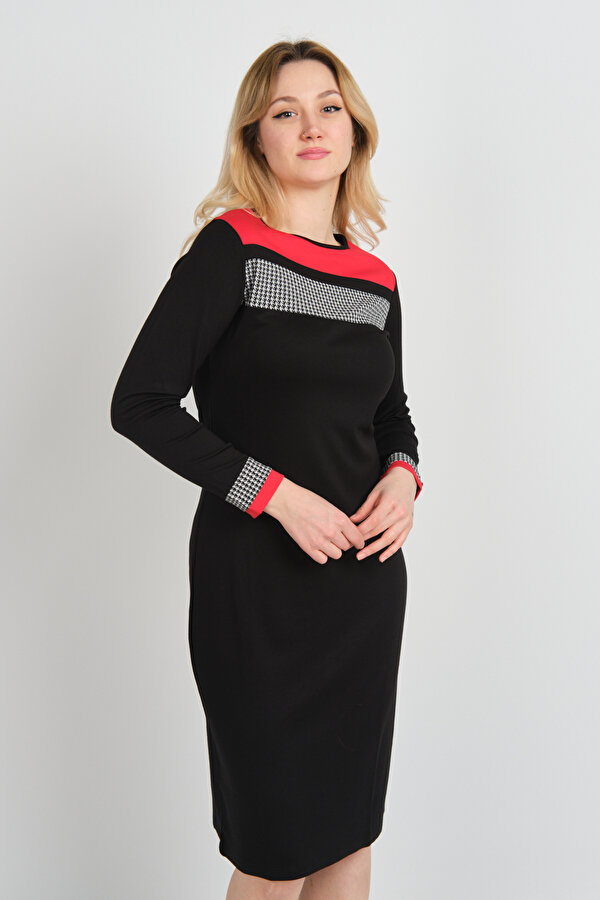 Kadın Kazayağı Desenli Bisiklet Yaka Uzun Kol Elbise 22974 Siyah