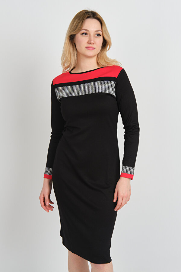 Kadın Kazayağı Desenli Bisiklet Yaka Uzun Kol Elbise 22974 Siyah