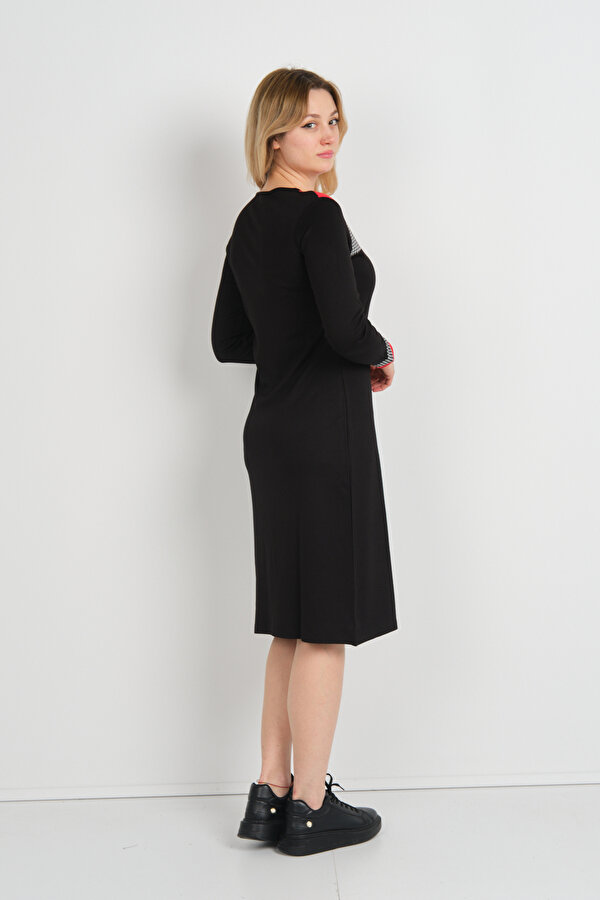 Kadın Kazayağı Desenli Bisiklet Yaka Uzun Kol Elbise 22974 Siyah