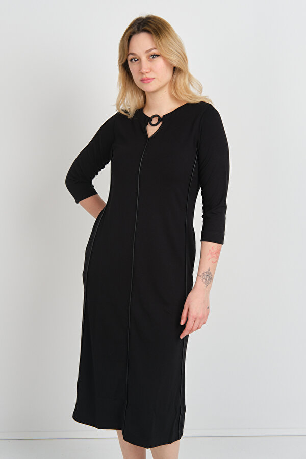 Kadın Yaka Detaylı Reglan Kol Elbise 23822 Siyah