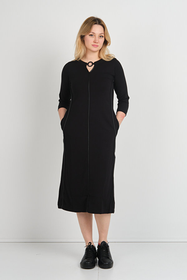 Kadın Yaka Detaylı Reglan Kol Elbise 23822 Siyah