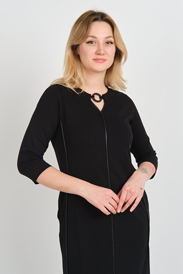Kadın Yaka Detaylı Reglan Kol Elbise 23822 Siyah