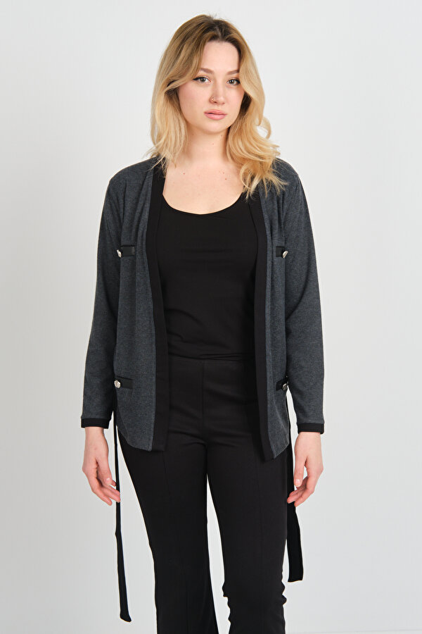 Kadın Belden Bağlama Detaylı Süs Cepli Ceket 23955 Antrasit