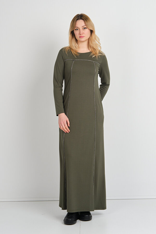 Kadın Parlak Taş Detaylı Uzun Kollu Çift Cepli Elbise 23824 Haki