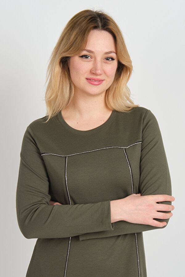 Kadın Parlak Taş Detaylı Uzun Kollu Çift Cepli Elbise 23824 Haki