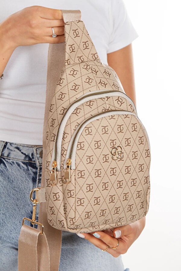 Kadın Bej Deri Monogram Desenli Çapraz Bel Göğüs Ve Omuz Çantası new218